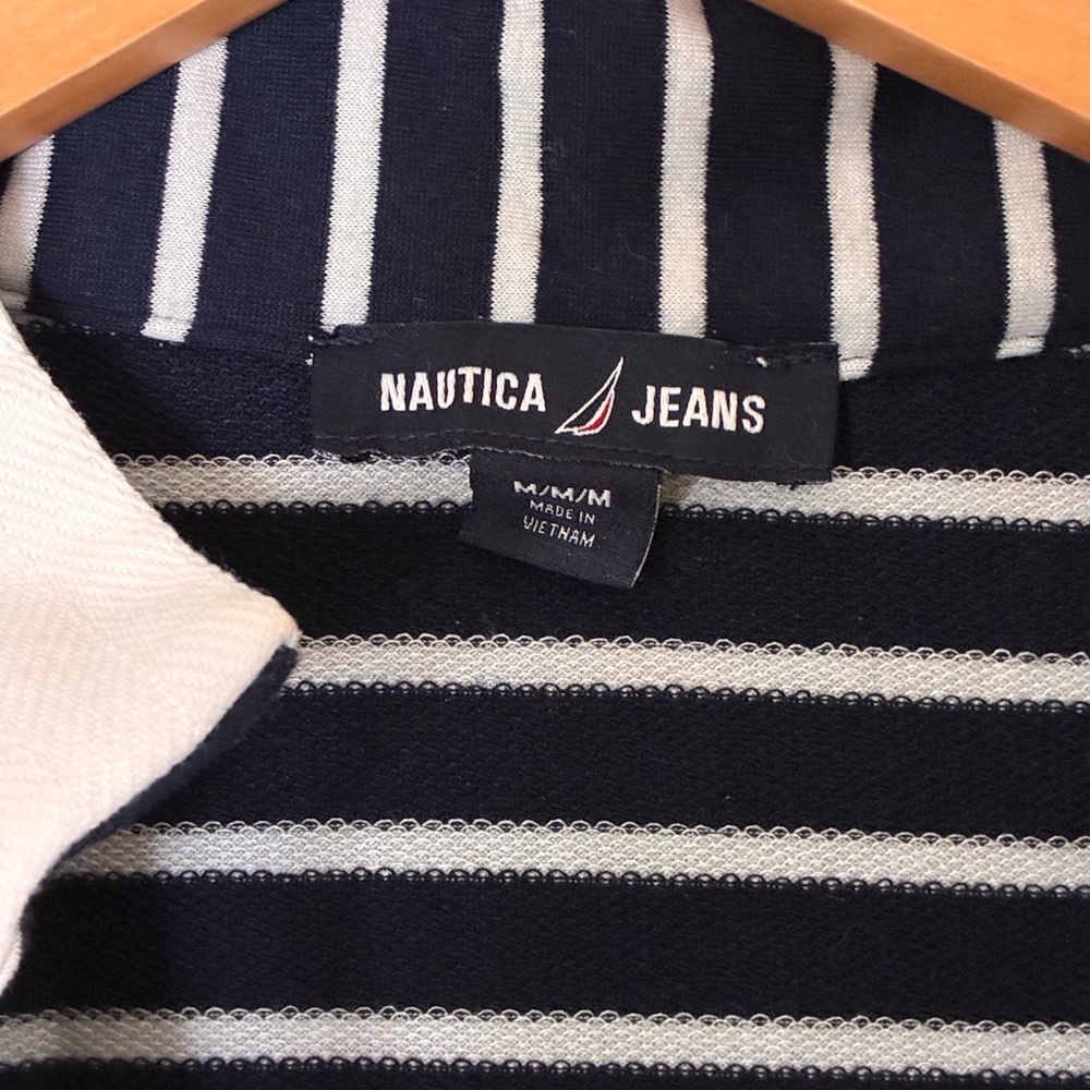 Nautica Jeans | Navy and white striped cotton collared v-neck tiered midi dress - Picture 3 of 14